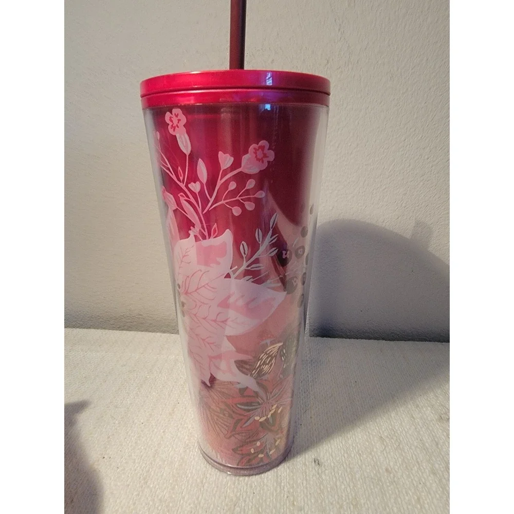 Starbucks‎ 24oz Venti Cold Cup Tumbler 2022 Holiday Enchanted Forest Pearl Red
